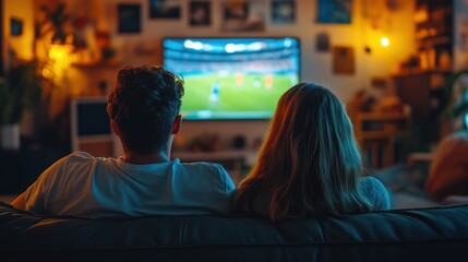 Couple watching TV, reactions including sports celebrations in home