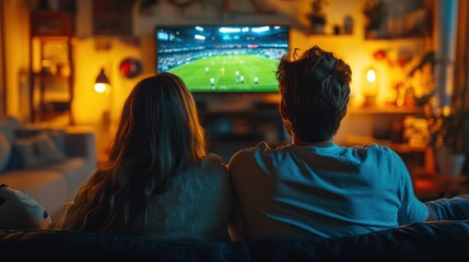Couple watching TV, reactions including sports celebrations in home