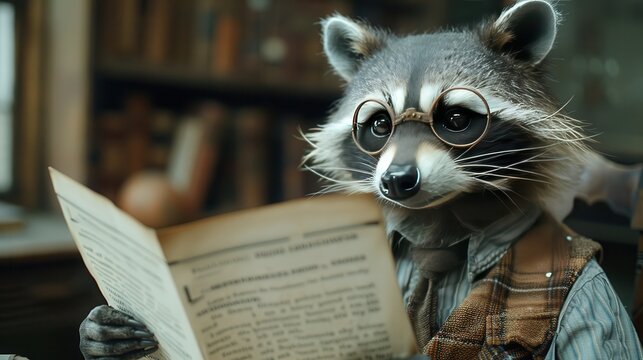 Unusual Business Concept - Businessperson with Raccoon Head Reviewing Documents in Quiet Office with Copy Space on Right Side
