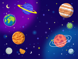 Illustration of the cosmos with the planets of the solar system
