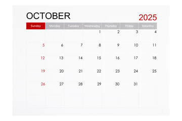 October 2025 monthly calendar page isolated on white background.