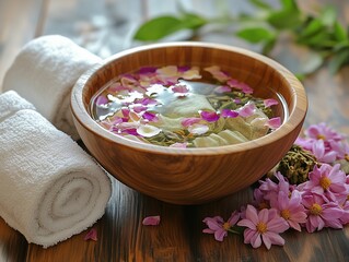 Luxurious Spa Setting with Floating Flowers in Wooden Bowl