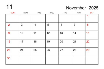 A November 2025 calendar template on white paper background.