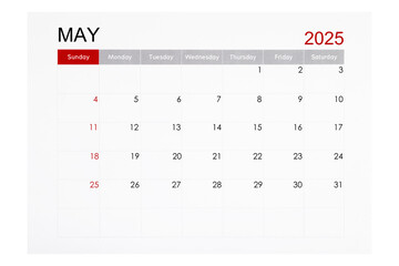 May 2025 monthly calendar page isolated on white background.