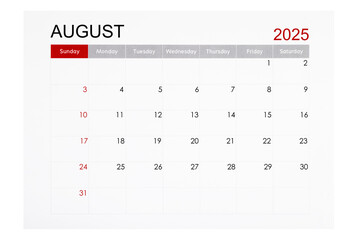 August 2025 monthly calendar page isolated on white background.