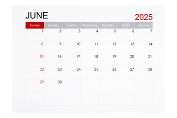 June 2025 monthly calendar page isolated on white background.