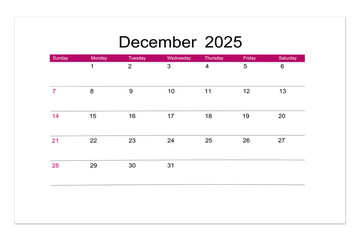 December 2025 Calendar page for 2025 year isolated on white, Saved clipping path.