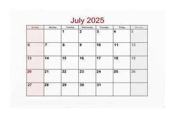 July 2025 Calendar page for 2025 year isolated on white background, Save clipping path.