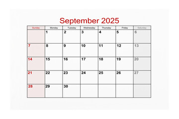 September 2025 Calendar page for 2025 year isolated on white background, Save clipping path.