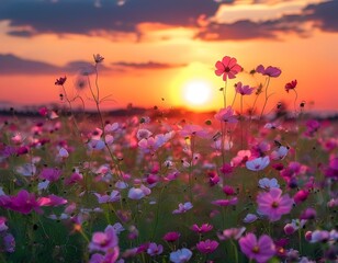 Fototapeta premium photography of a beautiful sunset over a field of flowers