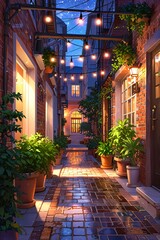A charming anime-style alleyway with old brick buildings, hanging fairy lights, and potted plants, creating a cozy and inviting atmosphere. Generative AI