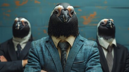 Corporate Collaboration with a Twist: Businessperson with Penguin Head Leading Team Brainstorming Session