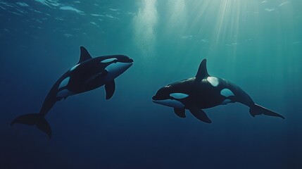 Fototapeta premium Two orcas swim gracefully underwater in a deep blue ocean