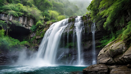 Obraz premium Serene cascade plunges through lush green forest, creating scenic natural beauty