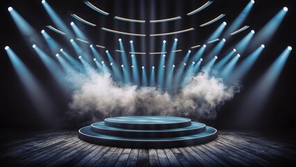 Dynamic Theater Stage with Symmetrical Lighting, Vibrant Blue Spotlights, and Smoke Effects on Multi-Tiered Circular Platforms , Stage with Spotlight, Spotlight on Stage On Black Background.