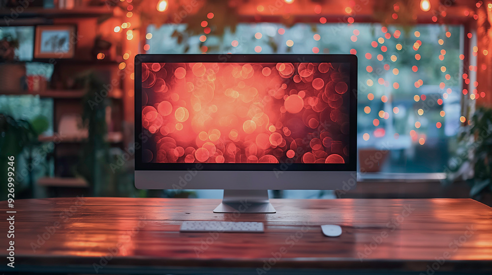 Poster a computer monitor is on a wooden desk with a red background