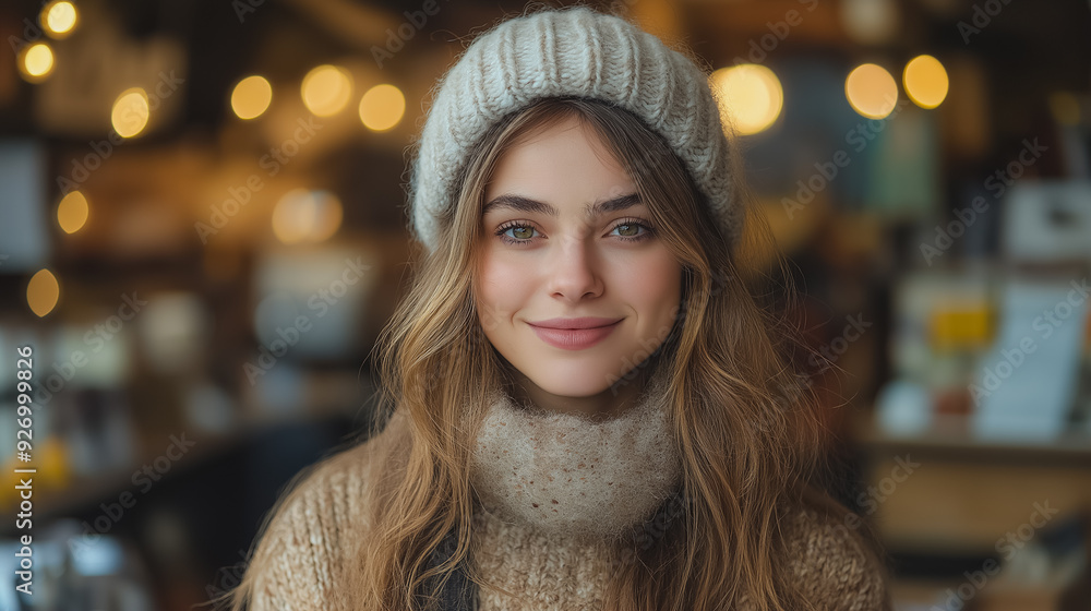 Wall mural Warm and cozy café environment with a young woman smiling and shaking hands, portraying a friendly greeting and positive interaction