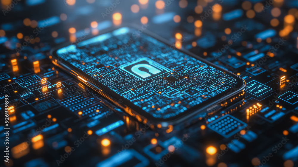 Poster privacy security and data protection on mobile phone and laptop, emphasizing data encryption systems