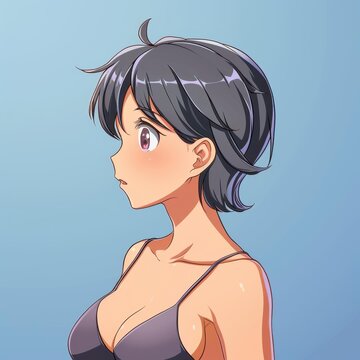 Adorable anime girl with chic short hair poses in a cute tank top, showcasing a unique side profile for your pfp.