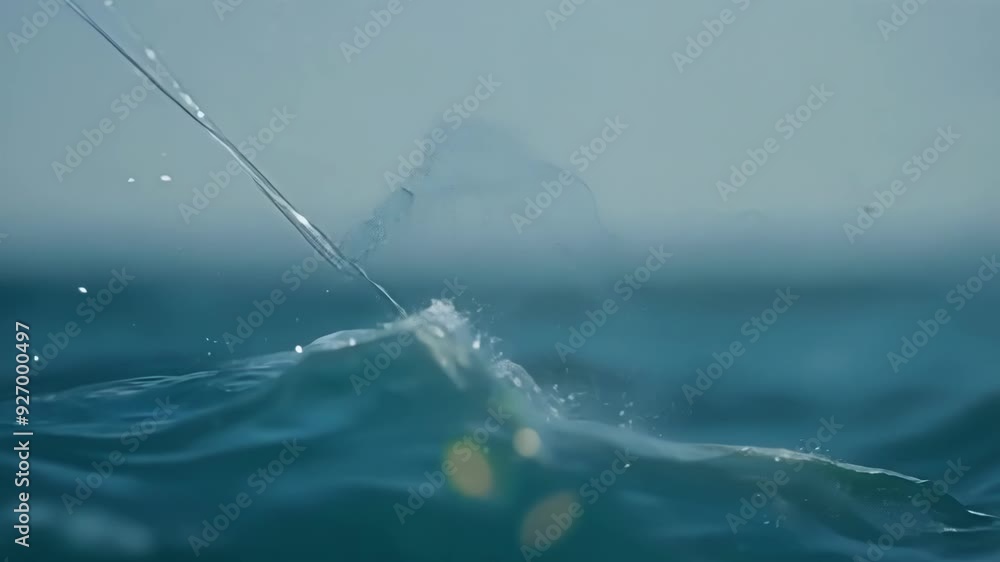 Poster thin stream of water splashing upwards from a calm blue water surface, creating bubbles and droplets