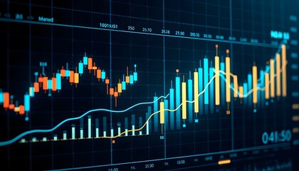 A stock market chart showing the price fluctuations of a financial asset over time, with candlestick patterns and technical indicators displayed on the screen