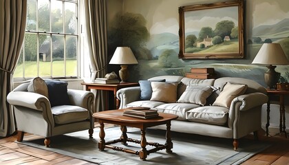 Comfortable sofas and rural murals provide a panoramic view of the green pastoral scenery.