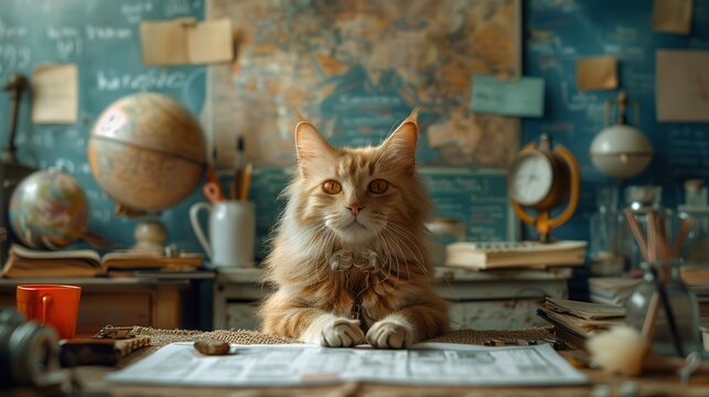 Purrfect Efficiency: Surreal Businessperson with Cat Head Multitasking Agility in Clear Space for Text