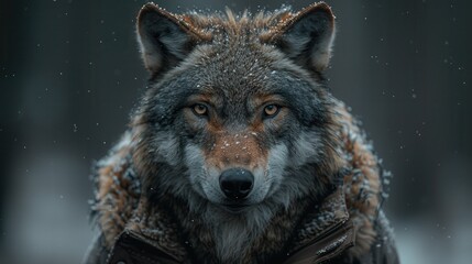 Fototapeta premium Strategic Vision: Businessperson with Wolf Head Engaged in Cunning Planning, Copy Space Below