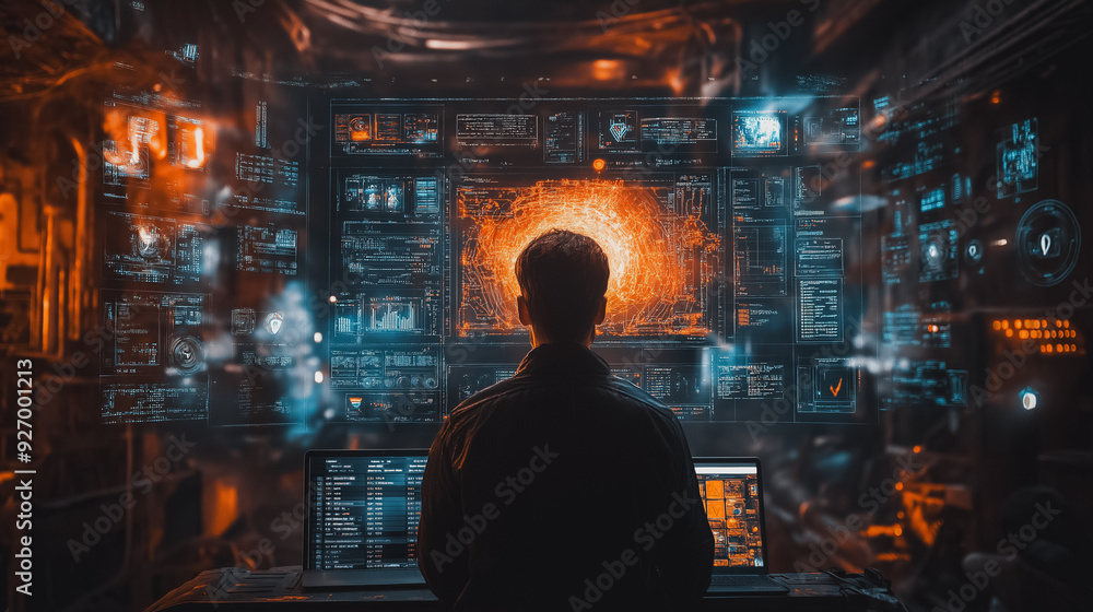 Poster ai image creation technology, man using a laptop with advanced software, futuristic ui and generated