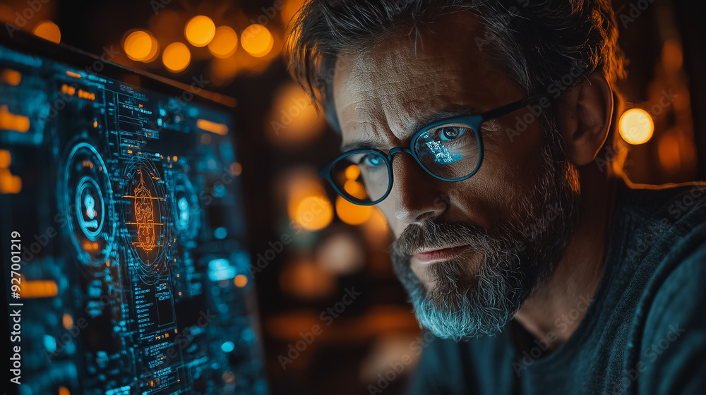 Poster man working with ai software on a laptop to create images, futuristic user interface displayed, show