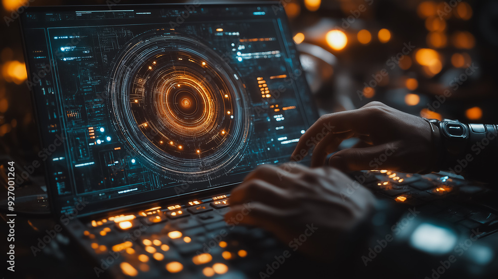 Poster man working with ai software on a laptop to create images, futuristic user interface displayed, show