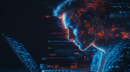 a person with a computer screen, with digital lines and lights around their face.