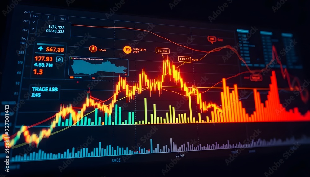 Poster a stock market chart with candlestick graphs, world map, and various financial data visualizations a