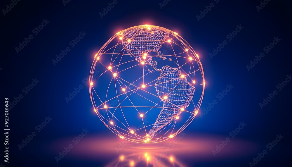 Poster a glowing fiery globe representing the earth, with a network of illuminated lines connecting differe