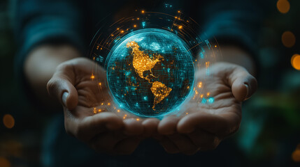 Fototapeta premium glowing, digital globe held in someone's hands. The globe has a map of the Americas and glowing lines and dots.