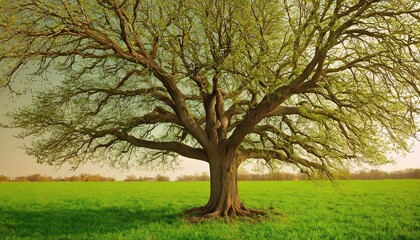 Fototapeta premium A solitary old tree stands tall in a sunlit meadow reaching towards the sky Concept Nature Landscape Sunlight Solitude Tree 19
