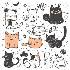Fototapeta premium Free Cute and funny cats doodle vector set