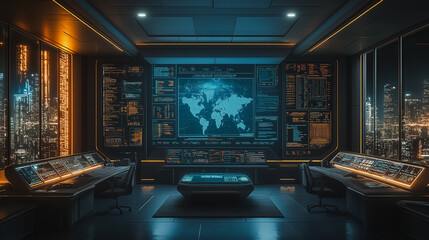 Naklejka premium an office with a large world map on the wall, and control panels on either side of a table.