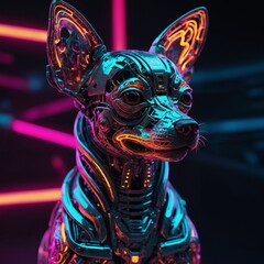 Abstract neon light Cyborg Chihuahua Puppy Dog, glowing space background