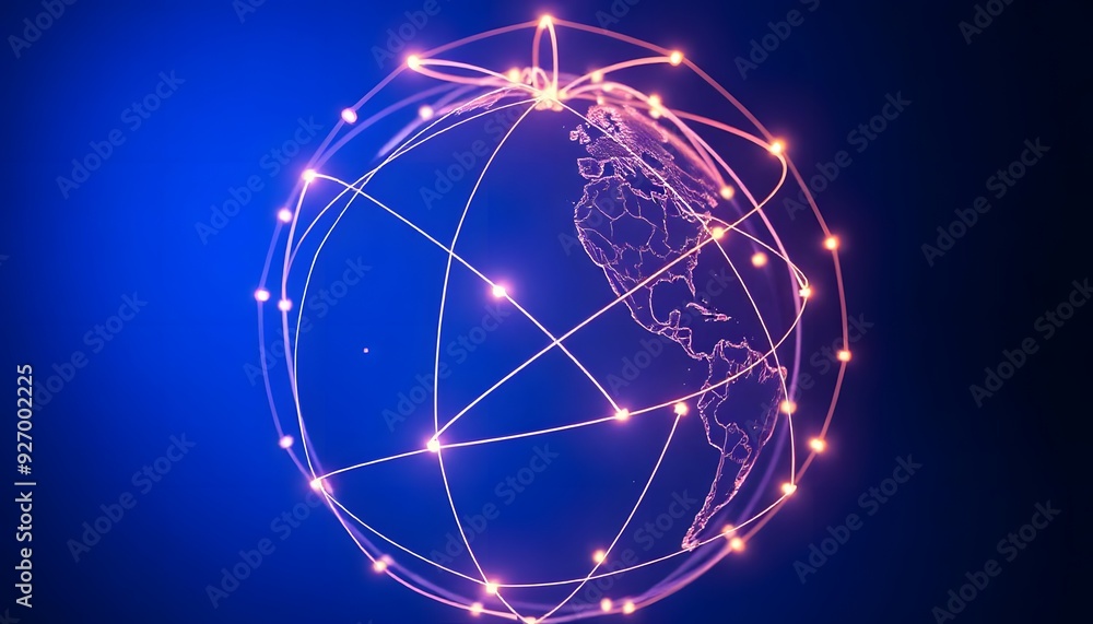 Poster a glowing fiery globe representing the earth, with a network of illuminated lines connecting differe