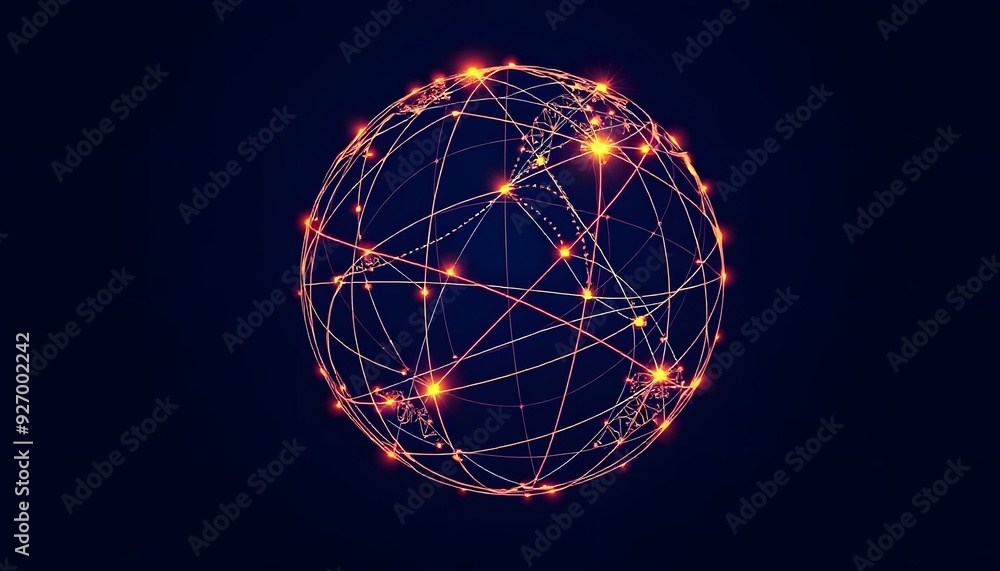 Poster a glowing fiery globe representing the earth, with a network of illuminated lines connecting differe