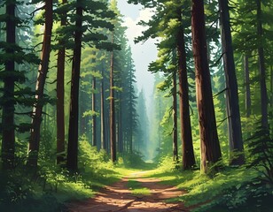 Obraz premium photography of a peaceful forest with tall trees and a path