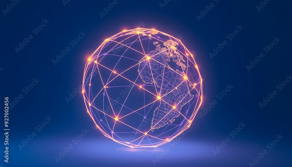 Poster a glowing transparent globe with a network of lines connecting different parts of the world, against