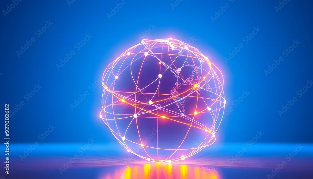 Poster a glowing transparent globe with a network of lines connecting different parts of the world, against