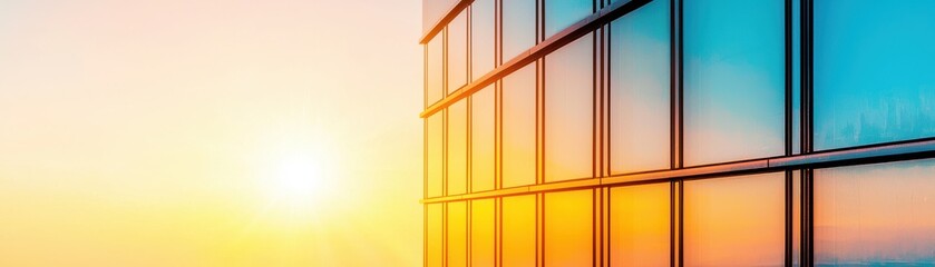 Fototapeta premium A vibrant sunrise reflects on the glass facade of a modern building, showcasing colors of orange, blue, and warm sunlight.