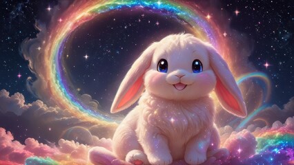 Illustration of a cute little bunny on an alien planet with a starry sky and galaxy in the background.