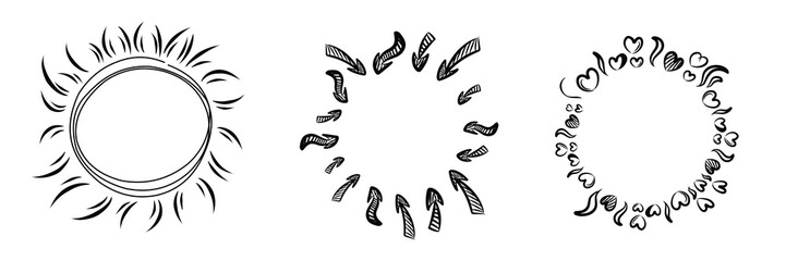 set of firework hand drawn frames bubbles. doodle vector illustration.