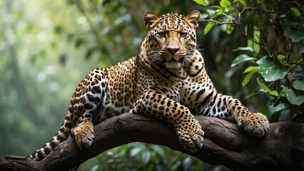 Majestic leopard resting on a tree branch, dense jungle canopy above, watchful eyes, stealthy presence.