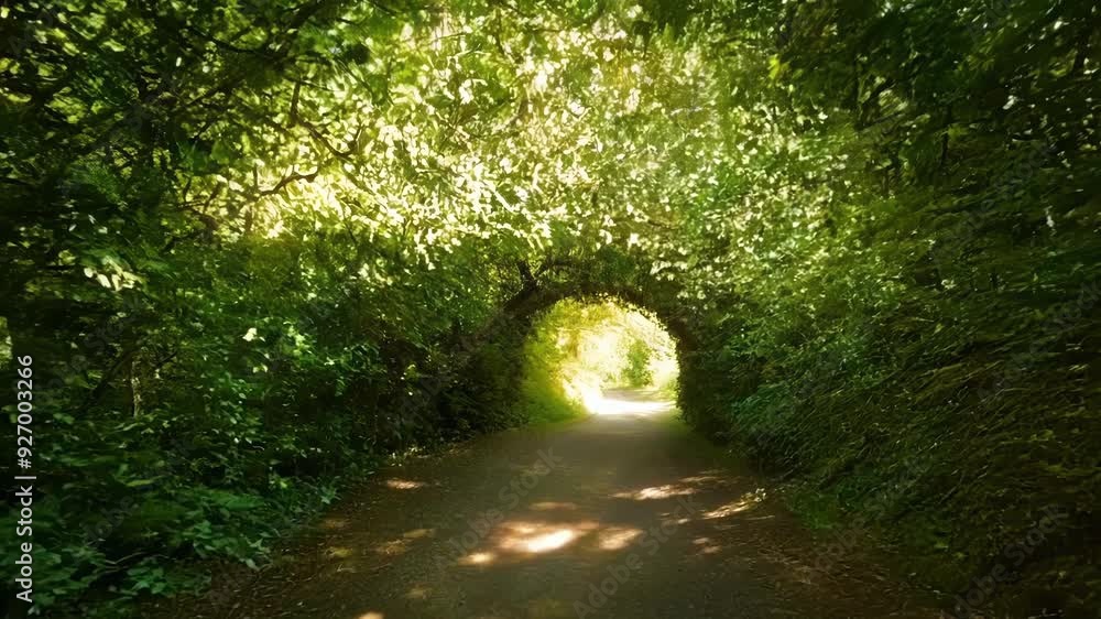 Aufkleber walking through a lush forest, sunlight filters through the canopy, casting shadows on a winding pat