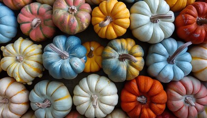 background from large multi-colored ripe pumpkins